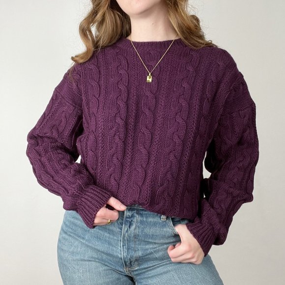 Vintage Hand Made Cable Knit Elbow Batch Oversized Aran Sweater Preppy Academia - Picture 8 of 8